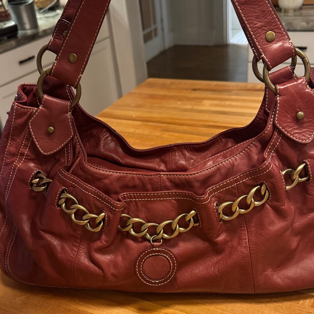 Red Leather Chain-Accent Shoulder Bag